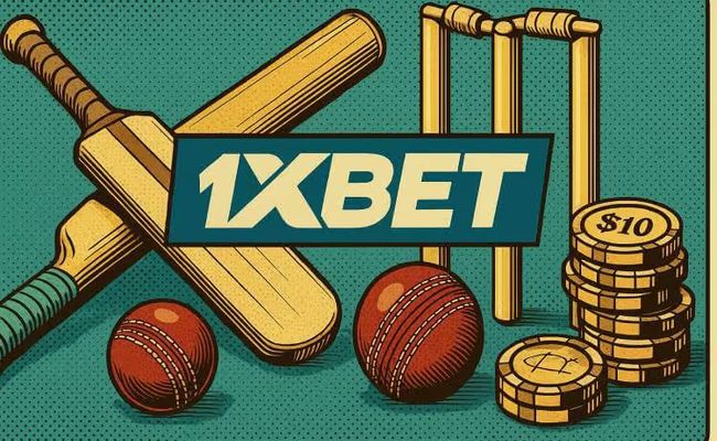 Retro-style illustration of a cricket bat, ball, wickets, 1xBet logo, and betting elements, inspired by mid-century modern design.