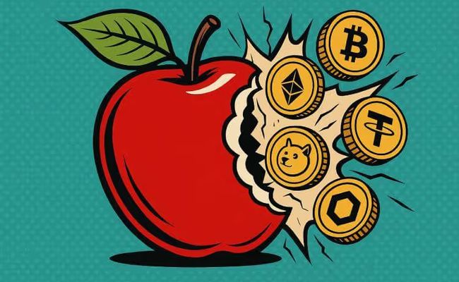 Retro pop art illustration of a bitten red apple with cryptocurrency coins like Bitcoin, Ethereum, Dogecoin, and Tether bursting out.