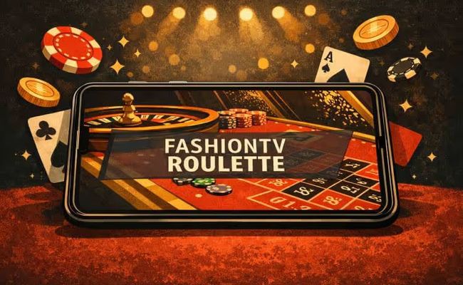 Illustrated mobile phone showing roulette game in luxury red carpet casino setting.