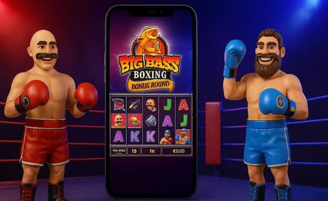 A smartphone displaying the Big Bass Boxing Bonus Round slot game, positioned in the center of a boxing ring under dramatic spotlights.