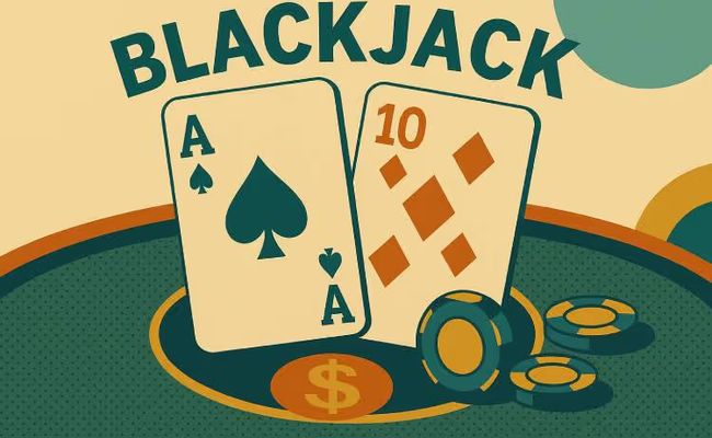 An illustration of a blackjack table with playing cards, chips, and a dealer shoe.