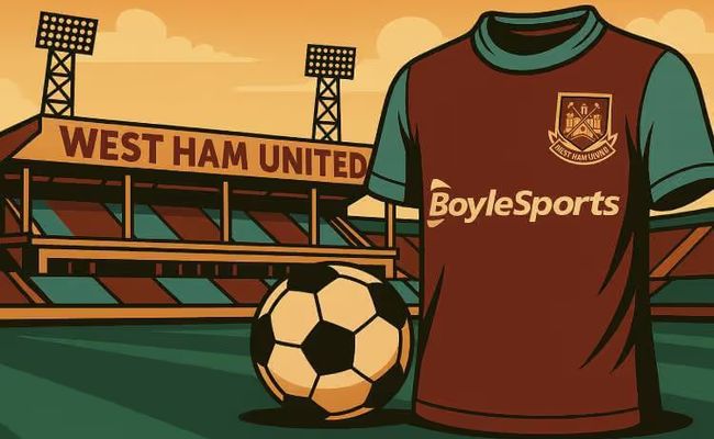 An illustration showing a classic football stadium in maroon and blue hues, symbolizing West Ham United. A football shirt with the BoyleSports logo is prominently featured in the foreground.