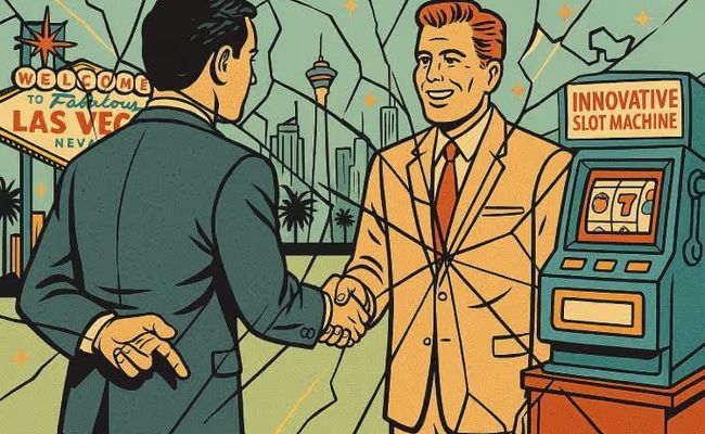 Two businessmen shaking hands in front of an innovative slot machine in Las Vegas, with a cracked glass effect revealing hidden tension. Retro comic book style.