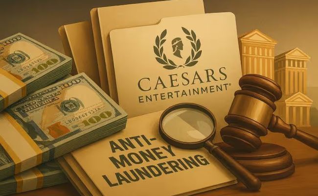 A detailed landscape digital illustration showing an investigation scene with folders, a gavel, a magnifying glass, stacks of cash, and the Caesars Entertainment logo.