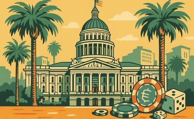 Illustration of the California State Capitol with palm trees and casino elements like chips and dice in the foreground