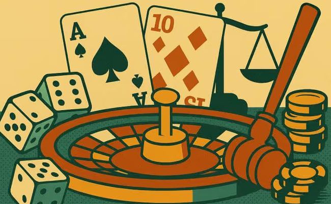 Illustration of a roulette wheel, dice, playing cards, a judge’s gavel, and scales of justice symbolizing legal action in the casino industry.