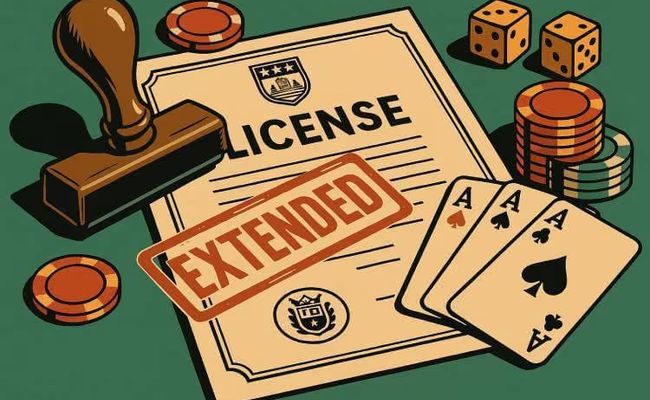 An illustration showing a government license stamped "Extended," surrounded by casino elements like poker chips, dice, and playing cards.