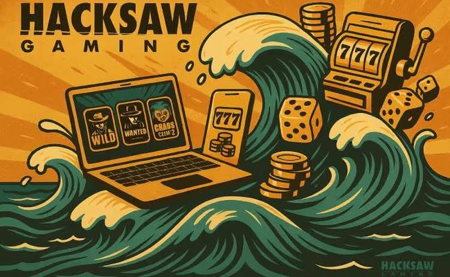 Vintage-style illustration of Atlantic City at sunset with a giant ocean wave filled with casino symbols and the Hacksaw Gaming and betOcean logos, representing digital casino expansion in New Jersey.