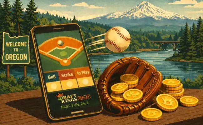 Mobile baseball betting interface with coins and glove set against Oregon landscape illustrating DraftKings DK Replay