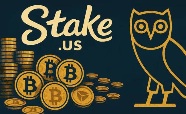 An illustration representing Drake gambling lawsuit, featuring the Stake.us logo, drakes owl logo and a pile of Bitcoin and gold coins on the other, representing crypto-based sweepstakes gambling.
