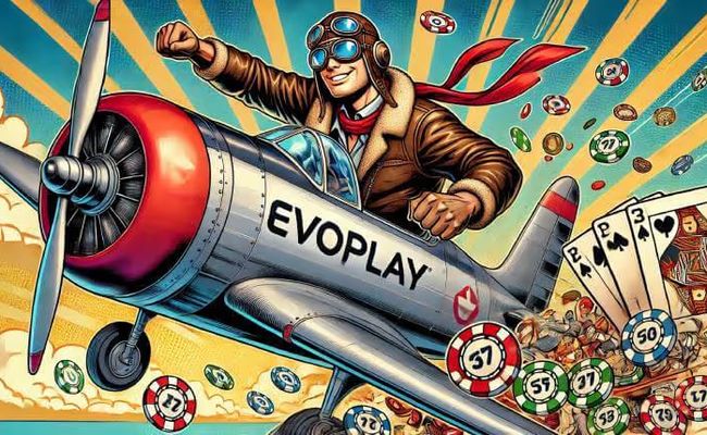 A pilot flying an Evoplay-branded airplane, dropping casino chips and game icons over Ontario