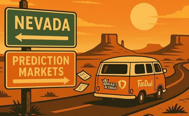 Illustration of a VW van with FanDuel and DraftKings stickers driving toward prediction markets, passing a road sign pointing back to Nevada in a desert landscape.