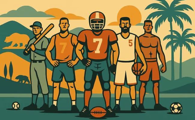 An illustration of five fantasy sports athletes standing confidently with California landmarks in the background, including palm trees and the Capitol dome, symbolizing the legal battle over daily fantasy sports in the state.