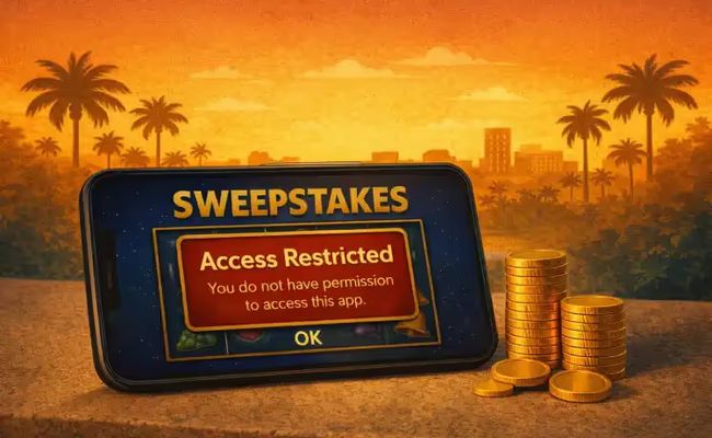 Illustration of a smartphone showing an “Access Restricted” message on a sweepstakes casino app against a Florida sunset background.