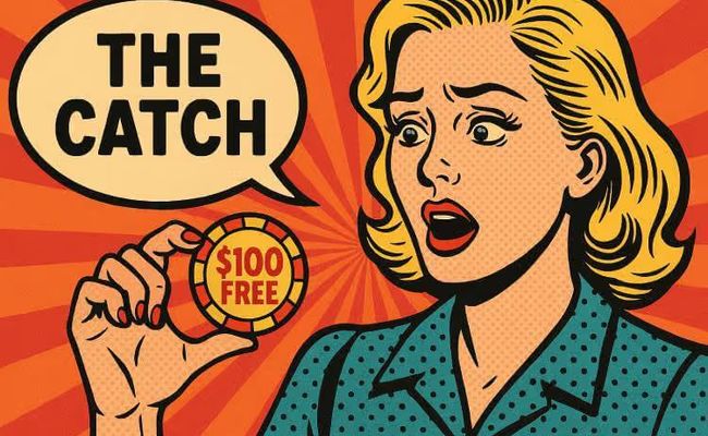 Retro-style comic illustration of a woman holding a $100 free casino chip, in a mid-century pop art style