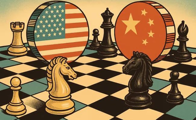Retro-style illustration of a chessboard with oversized U.S. and Chinese-themed casino chips and two-toned chess pieces symbolizing strategic tensions.