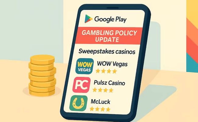 A smartphone displaying the Google Play Store with a “Gambling Policy Update” banner and sweepstakes casino apps visible, with sweepstake gold coins.