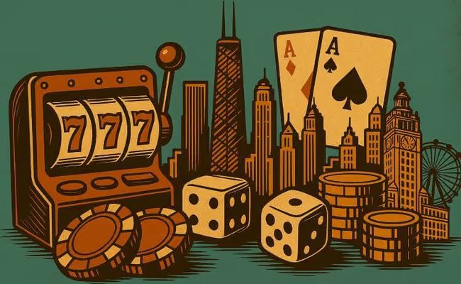 A retro-style illustrated scene featuring the Illinois skyline with casino elements including poker chips, playing cards, dice, and a slot machine.