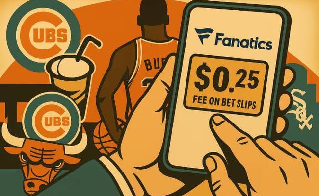 A retro-style illustration of a hand holding a phone showing a $0.25 Fanatics betting fee, with iconic Illinois sports imagery in the background.
