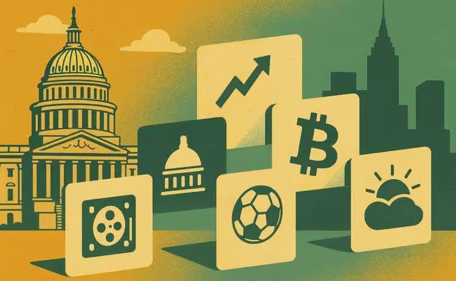 Illustration showing icons for politics, finance, sports, crypto, and weather over New York and Capitol skylines, symbolizing the Kalshi New York lawsuit over prediction market regulation.