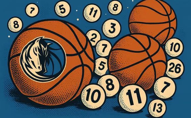 Retro pop art illustration of basketballs and lottery balls on a blue background, featuring a large Dallas Mavericks logo basketball.
