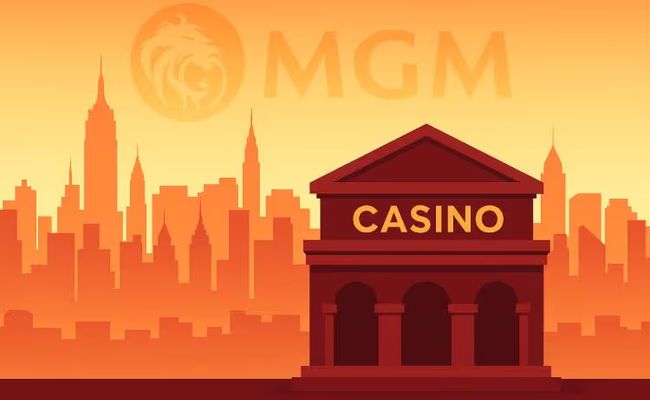Landscape illustration of a city skyline at dusk with a casino building in the foreground and a fading MGM logo above the skyline, symbolizing MGM’s withdrawal from the New York casino race.