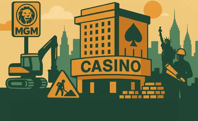 illustration of a modern casino under construction in Yonkers, New York, with cityscape in the background.