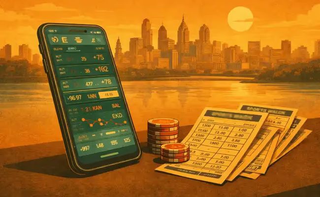 illustration of a smartphone showing live sports betting odds with multiple betting slips and a Philadelphia skyline in the background, representing microbetting activity.