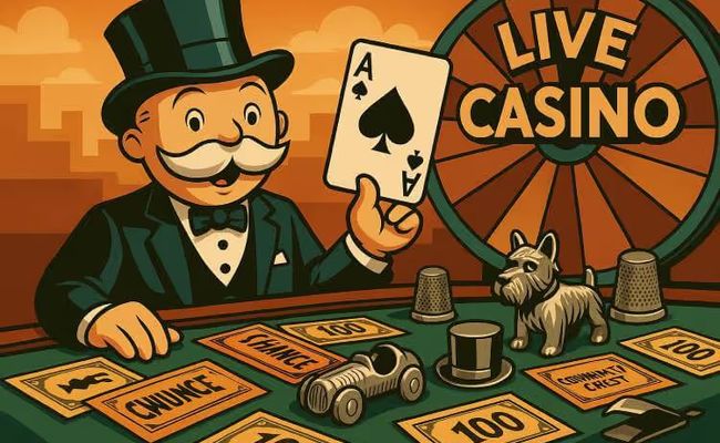 Illustration of Mr. Monopoly standing in a live casino setting with Monopoly tokens, cards, and game money, marking Evolution’s Hasbro partnership.