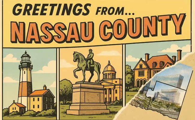 A retro postcard-style illustration of Nassau County landmarks with a torn section revealing modern casino development plans at the Nassau Coliseum site.