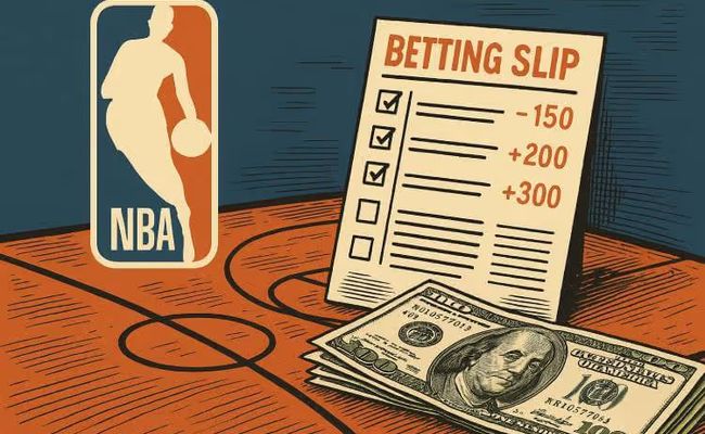 Illustration showing the NBA logo with a betting slip and US cash on a basketball court
