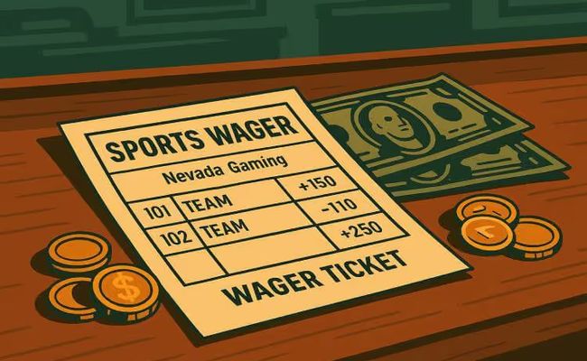 Illustrated Nevada betting slip lying on a bookmaker’s counter with coins and dollar bills beside it in a retro sportsbook style.