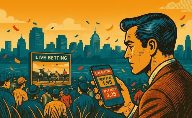 Illustration of a crowd watching a live sports match on a large outdoor screen, with a bettor checking microbetting odds on a phone against the New Jersey skyline.