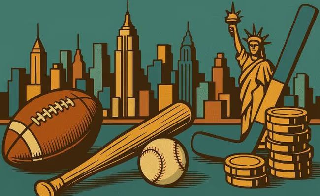 Illustration of New York City skyline with American football, hockey, and baseball equipment.