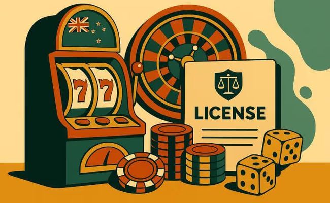An illustration of a laptop, roulette wheel, slot machine, coins, and a New Zealand map, symbolizing the country's move to regulate online gambling