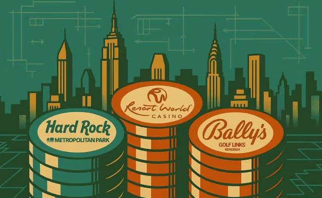 Illustration of three casino chip stacks labeled Hard Rock Metropolitan Park, Resorts World Casino, and Bally’s Ferry Point in front of the New York City skyline in a vintage graphic style.