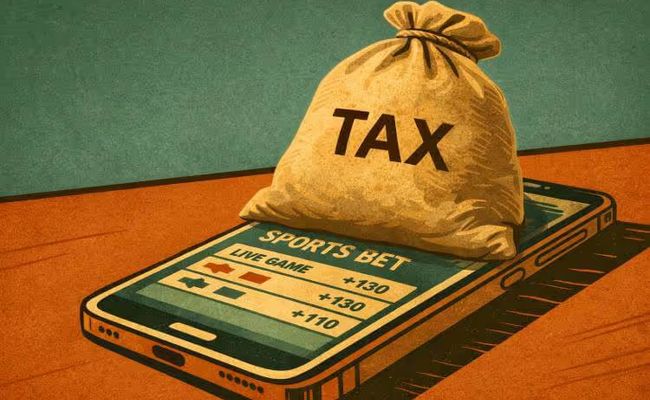 Illustration showing a sports betting mobile phone weighed down by a tax burden as Chicago prepares to increase online sports betting taxes