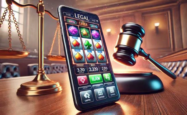 Smartphone with legal-themed slot machine app beside a gavel and scales of justice in a courtroom.