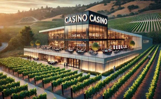 Modern glass casino surrounded by green vineyards on a scenic hillside under warm sunlight.