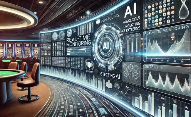 Casino with AI-powered real-time monitoring displays and gaming tables.