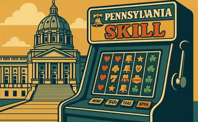 A retro-style illustration of a Pennsylvania Skill game machine placed on the steps of the Pennsylvania State Capitol, drawn in a mid-century modern design with muted colors and clean lines.