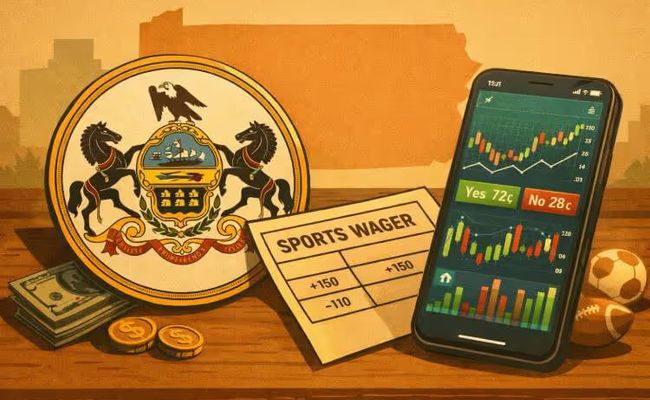 Illustration of the Pennsylvania state seal beside a sports wager slip, phone charts, and cash, symbolising state scrutiny of prediction markets and sports betting.