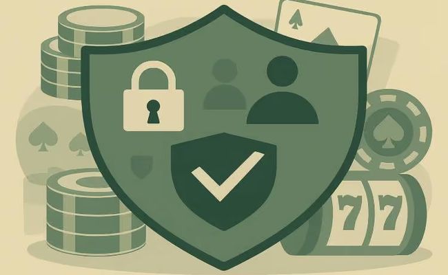 Illustration of a green shield symbolizing player protection, with icons of a padlock, user profile, and checkmark overlayed, surrounded by casino elements like chips, cards, and slot reels.
