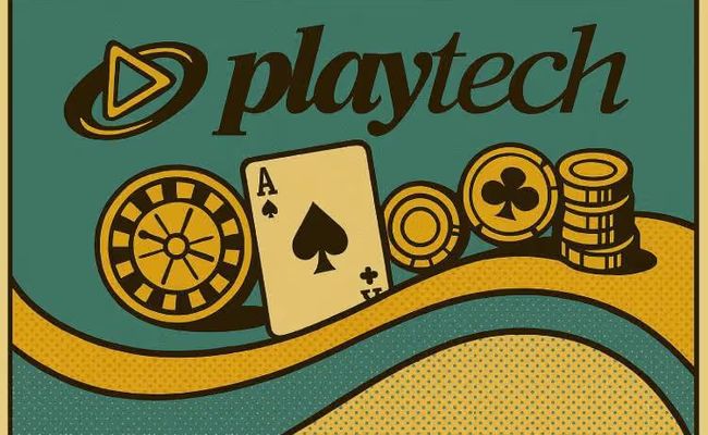 Illustration of the Playtech logo riding a stylized wave of innovation, surrounded by classic casino elements like chips, cards, and dice.