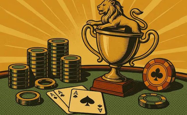 A vintage-style illustration of a poker trophy, casino chips, and playing cards on a green felt table, designed in a mid-century modern aesthetic.