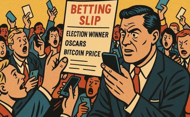 A retro comic-style crowd holding mobile phones and betting slips as they make bets on real -world events.