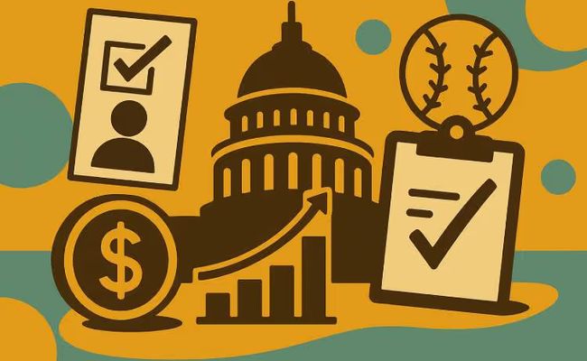 Flat-style illustration representing prediction markets and regulatory oversight, featuring market charts, scales, and digital contract symbols.