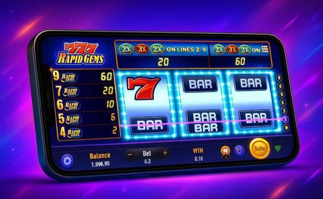 A smartphone displays the Rapid Gems 777 slot game by TaDa Gaming
