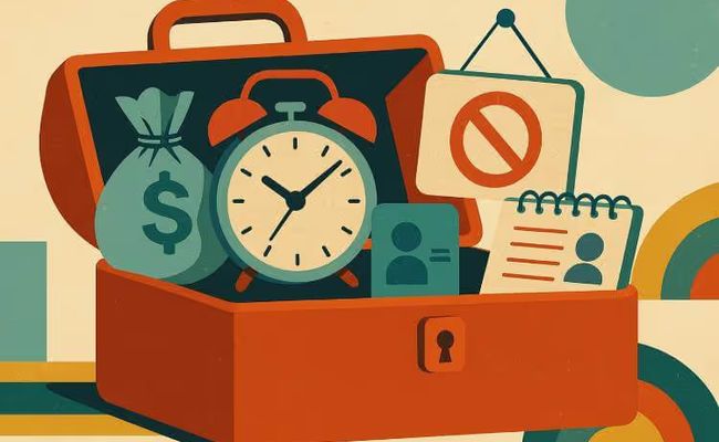 A mid-century modern-style illustration of a casino-themed toolkit containing symbolic items representing responsible gambling tools, including a clock for session limits, a piggy bank for deposit limits, a padlock for self-exclusion, and a document folder for access to account history.