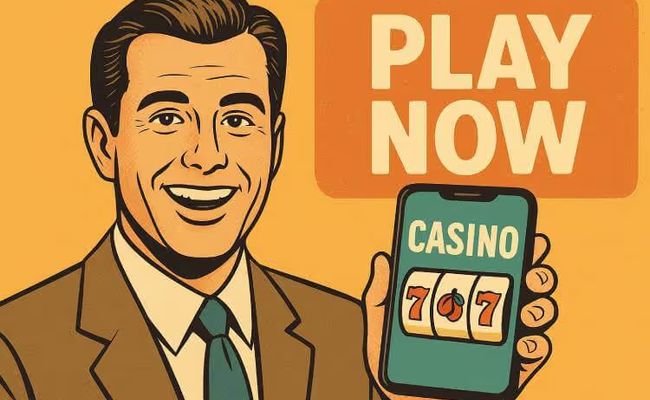 A vintage-style illustration of a smiling celebrity holding a smartphone displaying a casino app